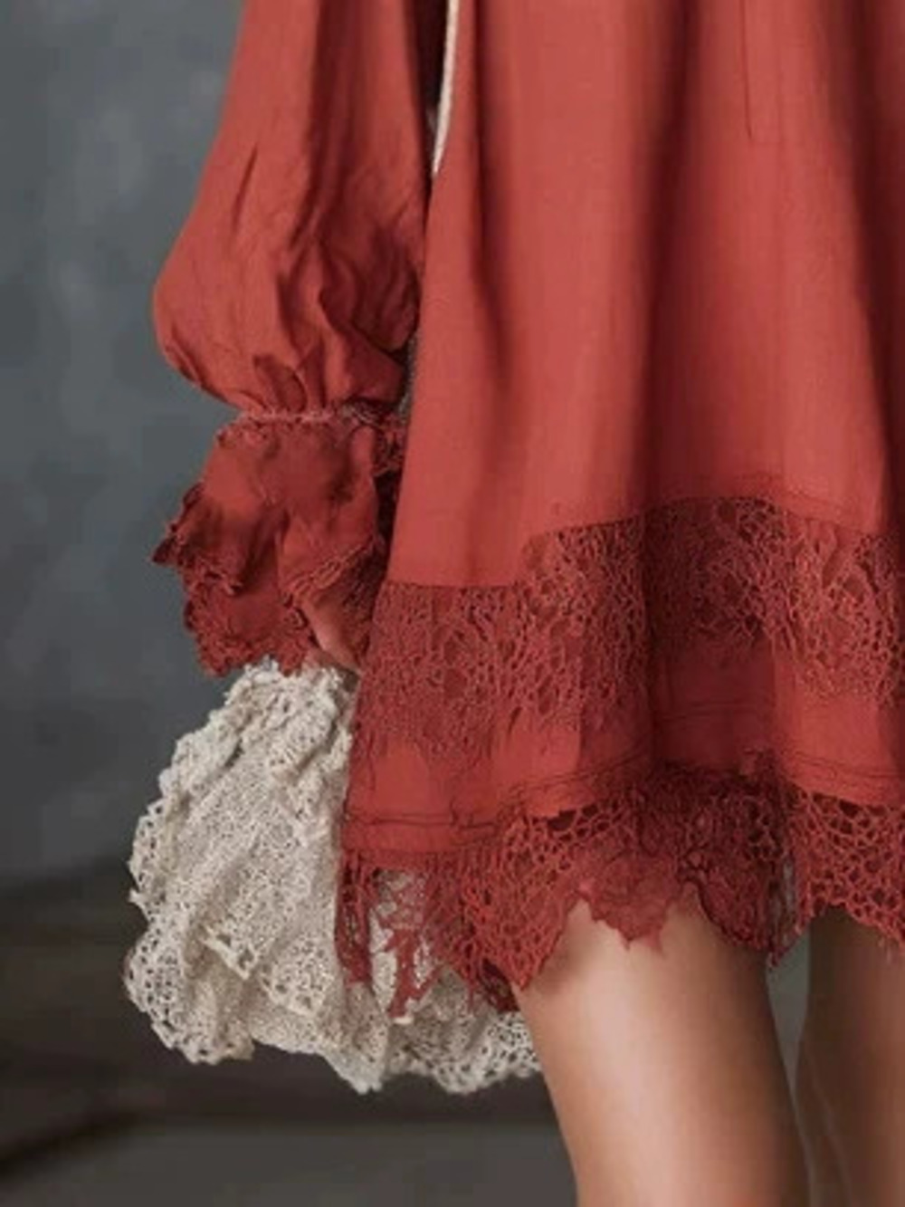 H&M  Vintage Loose Lace Trim Red Long Sleeve Mini Dress